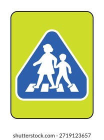 Señal de cruce de zona escolar de neón amarillo de alta visibilidad con icono peatonal azul y silueta de adulto y niño en el paso peatonal - Vector de Profesional Imagen de stock