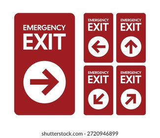 Señales de salida de emergencia rojas de alta visibilidad con flechas direccionales establecidas para la seguridad del edificio y la evacuación de incendios - Vector de Profesional Imagen de stock