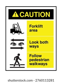 High-visibility yellow caution sign for forklift areas with clear safety instructions: look both ways and follow pedestrian walkways. Ideal for warehouses, factories, and industrial environments.