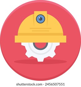 Sombrero duro termoplástico del inspector amarillo del Industrial de la alta visibilidad con el diseño del icono del Vector del concepto del engranaje y del faro, símbolo del día del trabajo, signo del 1 de mayo, ilustración de stock del día internacional de los trabajadores