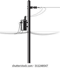 High-voltage Electric Transformer On A Pole And Wires