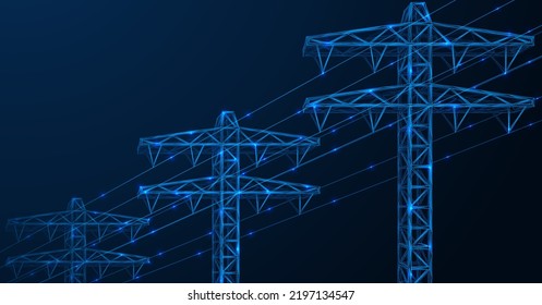 High-voltage power lines. Electric towers connected by wires. Low-poly design. Blue background.