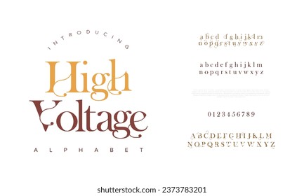 Highvoltage premium luxury elegant alphabet letters and numbers. Elegant wedding typography classic serif font decorative vintage retro. Creative vector illustration