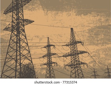 high-voltage tower and grunge scratched background. retro style. vector illustration