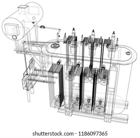 High-voltage transformer concept. Vector rendering of 3d. Wire-frame style. The layers of visible and invisible lines are separated