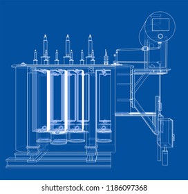 High-voltage transformer concept. Vector rendering of 3d. Wire-frame style. The layers of visible and invisible lines are separated