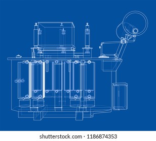 High-voltage transformer concept. Vector rendering of 3d. Wire-frame style. The layers of visible and invisible lines are separated