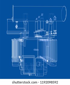 High-voltage transformer concept. Vector rendering of 3d. Wire-frame style. The layers of visible and invisible lines are separated