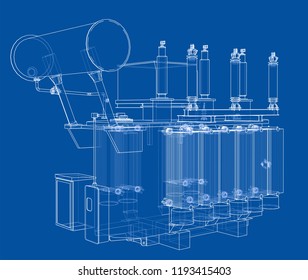 High-voltage transformer concept. Vector rendering of 3d. Wire-frame style. The layers of visible and invisible lines are separated