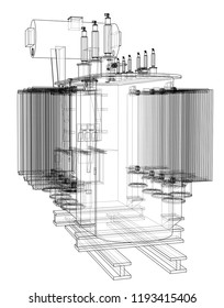 High-voltage transformer concept. Vector rendering of 3d. Wire-frame style. The layers of visible and invisible lines are separated