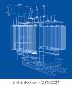 High-voltage transformer concept. Vector rendering of 3d. Wire-frame style. The layers of visible and invisible lines are separated