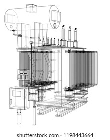 High-voltage transformer concept. Vector rendering of 3d. Wire-frame style. The layers of visible and invisible lines are separated