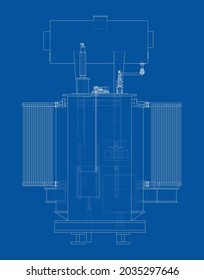High-voltage transformer. Vector rendering of 3d. Wire-frame style. The layers of visible and invisible lines are separated. Orthography or isometric