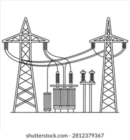 High-voltage transmission tower and substation transformer setup