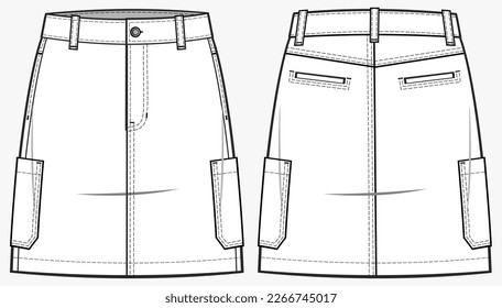 High-waist denim skirt fashion technical drawing template with welt and classic pockets, Front zip fly, and top button fastening. denim skirt vector illustration. front and back view. CAD mockup 