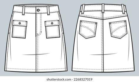 High-waist denim skirt fashion technical drawing template with  classic pockets, Front zip fly, and top button fastening. denim skirt vector illustration. front and back view. CAD mockup 