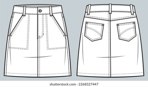 High-waist denim skirt fashion technical drawing template with pockets, Front zip fly, and top button fastening. denim skirt vector illustration. front and back view. CAD mockup 