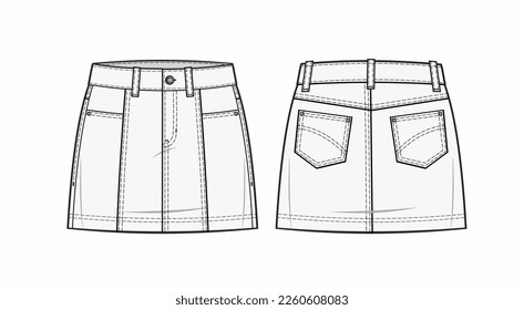 High-waist mini skirt with four pockets. Front zip fastening, front continental pockets, and belt loops. front and back design. fashion flat. apparel template. mini skirt cad mockup 