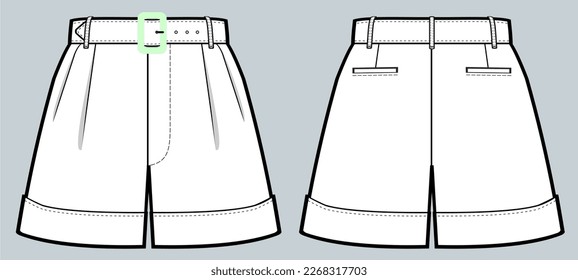 High-waist Shorts fashion flat. boyfriend fit rolled up. Vector technical sketch, technical drawing template. slim fit, women, front, and back view, CAD mockup