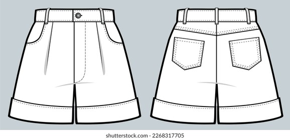 High-waist Shorts fashion flat. boyfriend fit rolled up. Vector technical sketch, technical drawing template. slim fit, women, front, and back view, CAD mockup