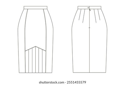 High-waisted pencil skirt with front panel detailing, pleats on the back, and a button closure illustrated as a minimalist technical sketch