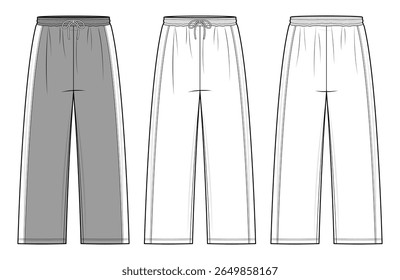 High-Waisted Sweatpants Technical Fashion Illustration. Relaxed Fit Joggers Vector Template. Straight-Leg Cut. Elastic Waistband with Drawstring. Front and Back design . Unisex Loungewear. CAD Mockup.