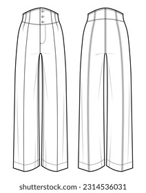 High-Waisted trousers flat technical drawing template. Trousers technical fashion Illustration, front and back view, white, CAD mockup.