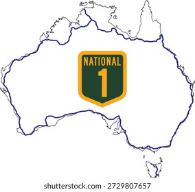Highway 1 em um mapa de contorno da Austrália com National 1 Marker