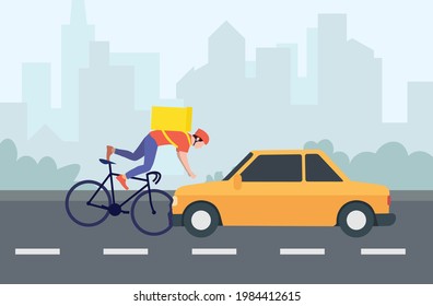 Highway accident. Collision of a car and a bicycle on the road. The motorist knocked down the food delivery man. Danger of work. The cyclist delivers food in a box. Fast express delivery. Vector