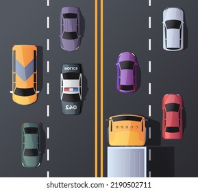 Highway Aerial View. Cartoon Top View Of City Street With Various Cars And Trucks, Trucks Bus Firetruck Pick-up Sedan Van SUV Traffic From Above. Vector Illustration. Speedway With Different