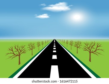 Highway against the backdrop of the rising sun among meadows disappearing over the horizon