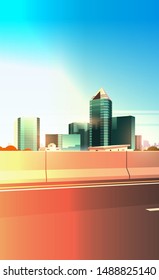 highway asphalt road with chipper city skyline modern skyscrapers cityscape sunset background flat vertical