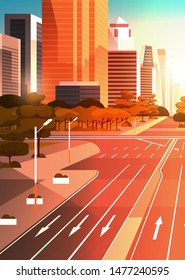 highway asphalt road with marking arrows traffic signs city skyline modern skyscrapers cityscape sunset background flat vertical