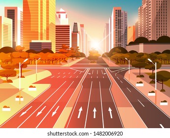 highway asphalt road with marking arrows traffic signs city skyline modern skyscrapers cityscape sunset background flat horizontal