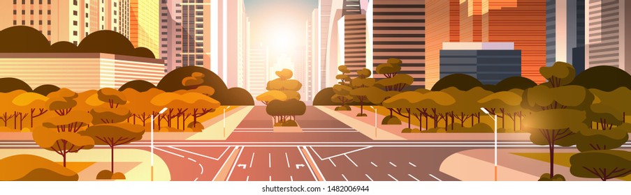 highway asphalt road with marking arrows traffic signs city skyline modern skyscrapers cityscape sunrise background flat horizontal