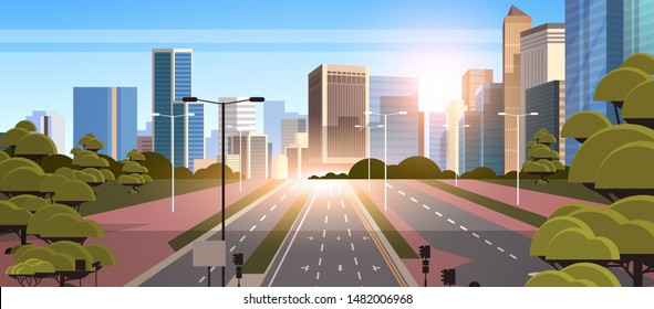 highway asphalt road with marking arrows traffic signs city skyline modern skyscrapers cityscape sunshine background flat horizontal