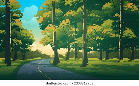 Highway asphalt road through the middle of a lush forest vector landscape