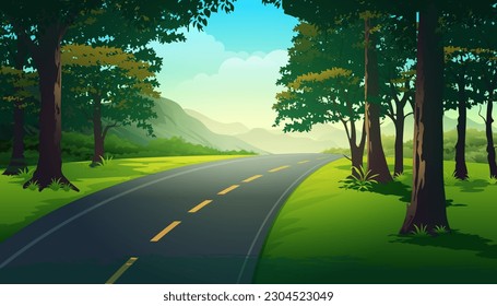 Highway asphalt road through the middle of a lush forest vector landscape