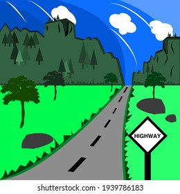 Die Autobahn zwischen den Tälern hat Himmel und Wolken Hintergrund.