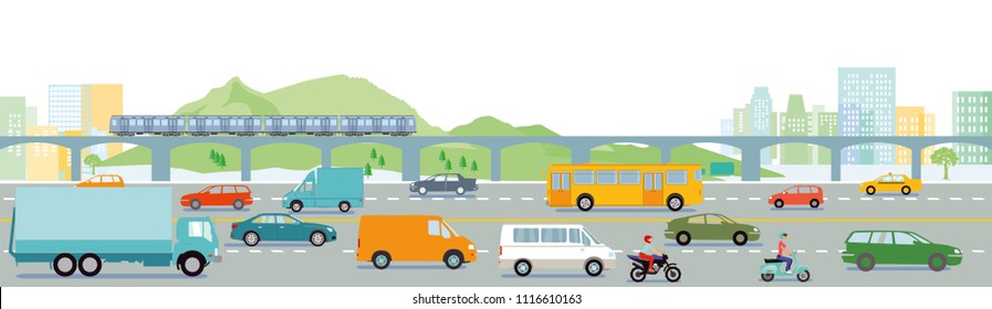 Highway with big city illustration