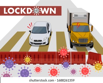 highway blocking due to the corona virus pandemic. The road is blocked with orange road barrier to prevent vehicles in and out of the city