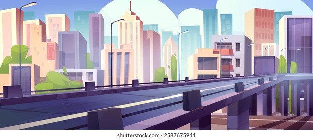 Highway bridge in cartoon urban landscape with modern skyscrapers, street lamps, green bushes, residential buildings on bright blue sky. Cityscape panorama, clean empty roadway for game background.