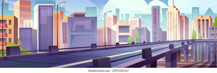 Highway bridge in cartoon urban landscape with modern skyscrapers, street lamps, green bushes, residential buildings on bright blue sky. Cityscape panorama, clean empty roadway for game background.