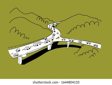 Highway with cars across a tree landscape. Cartoon hand drawn style vector illustration.