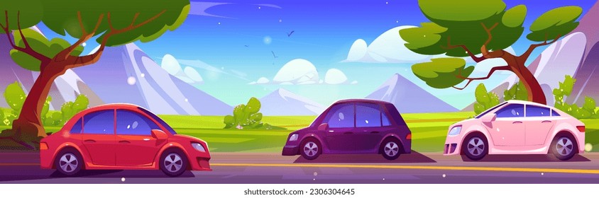 Highway with cars against mountain landscape. Vector cartoon illustration of autos riding asphalt road at bottom of high rocks, green valley with trees, birds flying in blue sunny sky, vacation travel