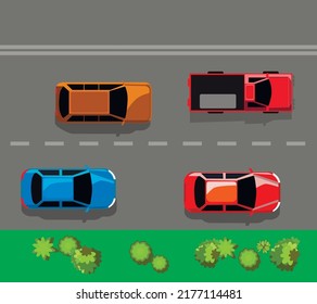  highway with cars and vehicles with grass and trees on sidelines top view illustration