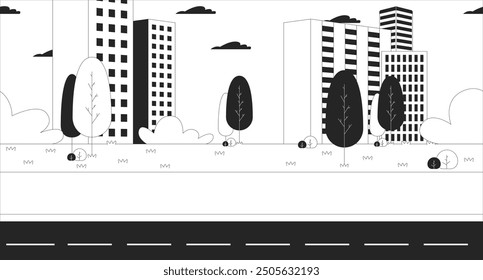 Highway city life black and white line illustration. Empty road asphalt 2D cityscape monochrome background. Downtown district skyscrapers. Trees highrise buildings skyline outline vector image