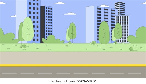 Highway city life cartoon flat illustration. Empty road asphalt 2D cityscape colorful background. Downtown district skyscrapers. Trees highrise buildings skyline scene vector storytelling image