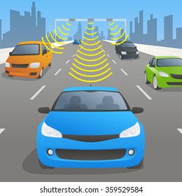 Highway communication system and vehicles, front view, vector illustration