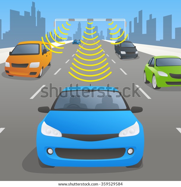 高速道路の通信システムと車両 正面図 ベクターイラスト のベクター